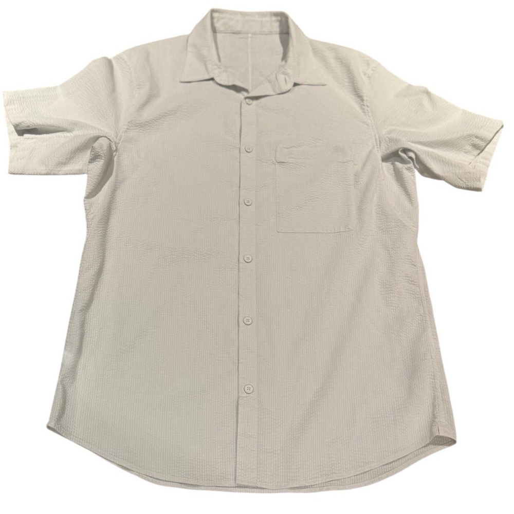 Lululemon Shirt Mens‎ Medium Light Gray Seersucker Button Up Short Sleeve